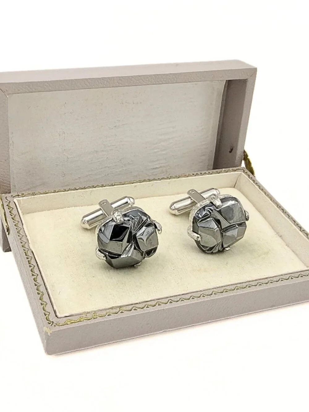 Swank Signed MCM Gray Glass Abstract Geometric Silver Plate Brutalist Cufflinks